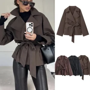 PRINTKAOIR Autumn 2025 New Collection Women's British Style Lapel Double-breasted Maillard Color Belt Casual Trench Coat