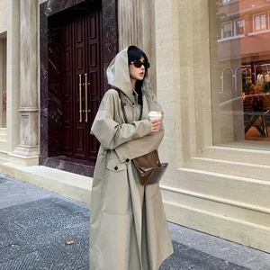 Lautaro Spring Autumn Long Oversized Light Khaki Trench Coat for Women with Hood Double Breasted Loose Casual Overcoat 2024