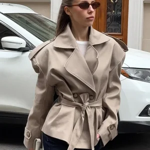 Blubelle Women's New Autumn Fashion Khaki Trench Long Sleeve Belted Temperament Lapel Jackets Waist Cinching Trench Coat