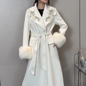 Women Elegant Winter Woolen Long Coat Fashion Turn-Down Collar Diamonds Luxury Fox Fur Loose Fit Sashes Office Ladies Overcoat