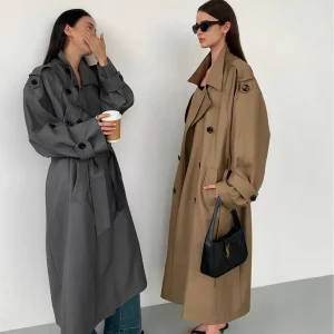 Mauroicardi Spring Autumn Grey Long Trench Coat for Women Sashed Double Breasted Loose Windproof Luxury Designer Clothes 2025