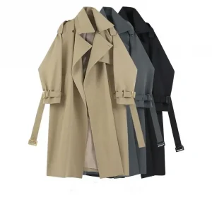 Spring Autumn Fashion Trench Jackets Long Pattern Female Solid Color Coat Classic Lapel Long Sleeve with Belt Casual Street Wear