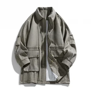 Harrington Coat Mid-Length, Old Money Style Mid-Length Trench Coat, British Style Mid-Length Coat Workwear Style Loose Lapel Coat Multi-Pocket Mid-Length Jacket Textured Fabric Vintage Workwear Design Daily Commute Casual Versatile Top Fashion Circle Workwear Enthusiasts Must-Have Textured Outfit Piece